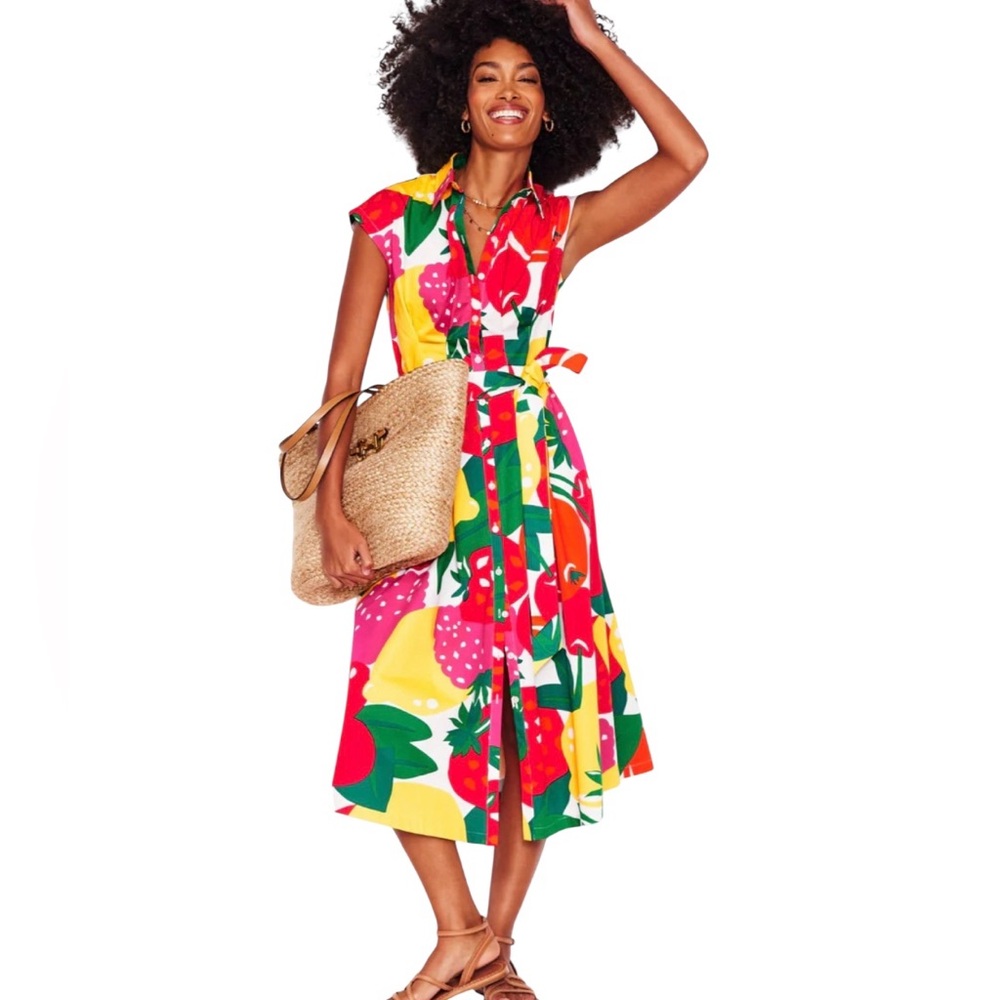NWT Boden Rachel Cotton Midi Shirt Dress  Fruit Print Sz 14R Colorful Easter